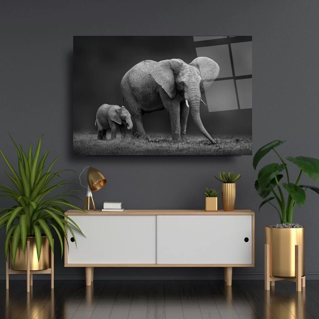 Elephant and Cub Artistic Glass Painting