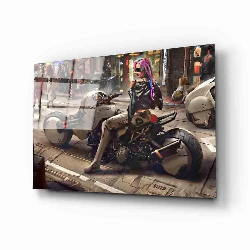 Futuristic Motorcycle Robot Girl Glass Painting