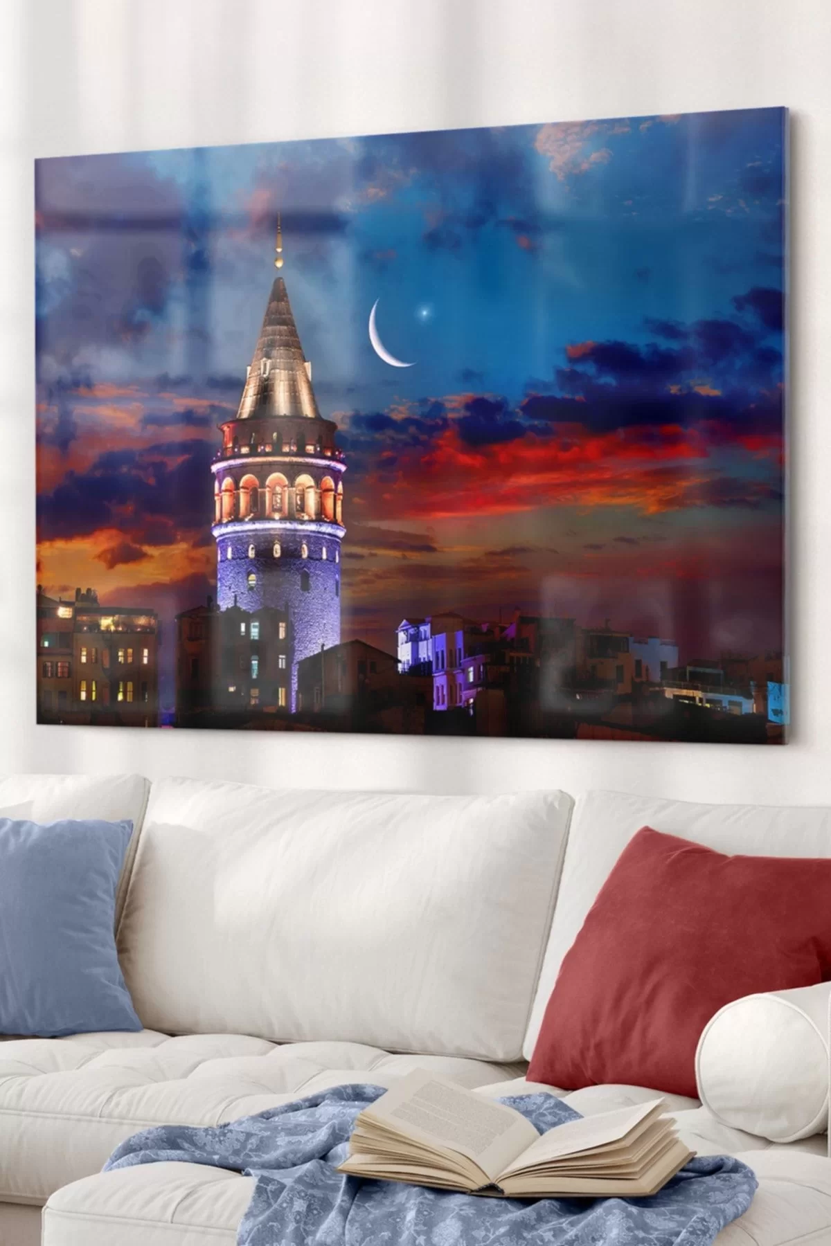 Galata Tower and Crescent | City Themed Glass Painting | 50x70cm