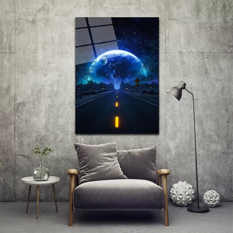 Night Moon and Road Themed Artistic Glass Painting