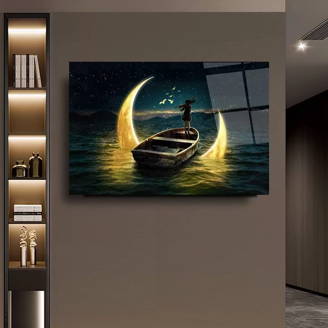 Girl Traveling to the Moon in a Boat at Night Artistic Glass Painting