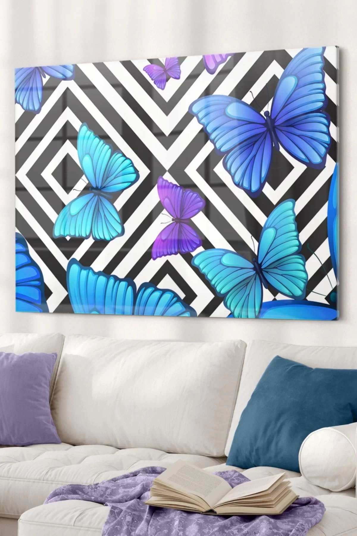 Blue Butterfly with Geometric Pattern | Animal Themed Glass Painting | 50x70cm