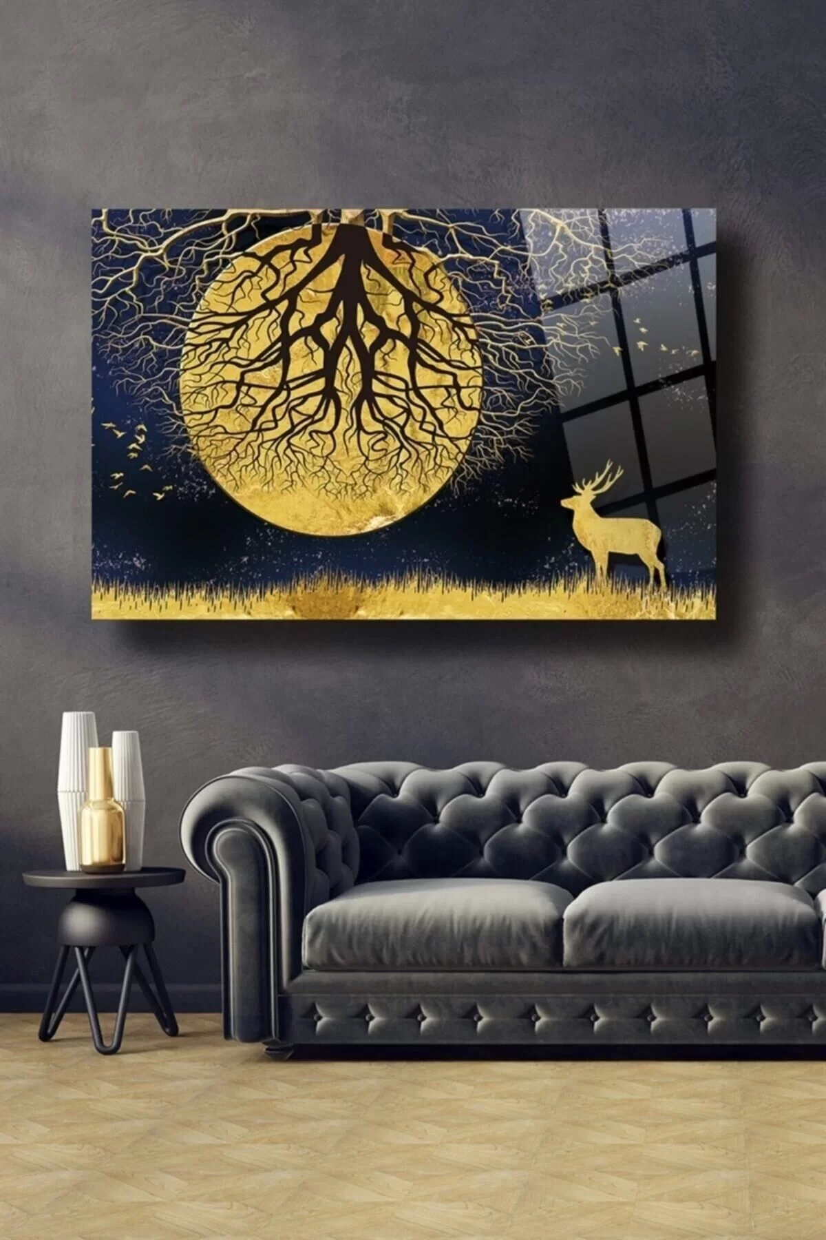 Deer And Full Moon Glass Painting Wall Decoration