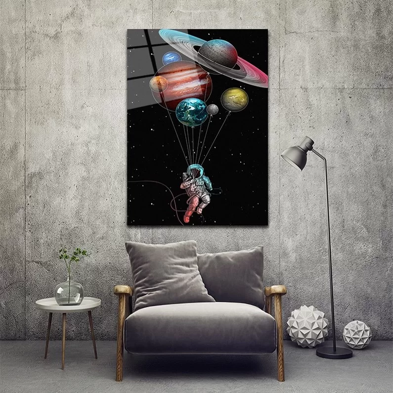 Astronaut Flying with Planets Glass Painting