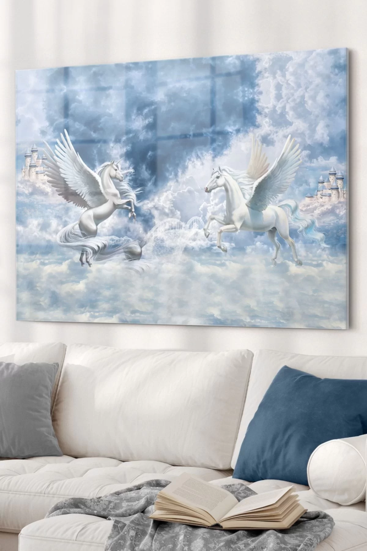 Sky And Flying Horses | Animal Themed Glass Painting | 50x70cm