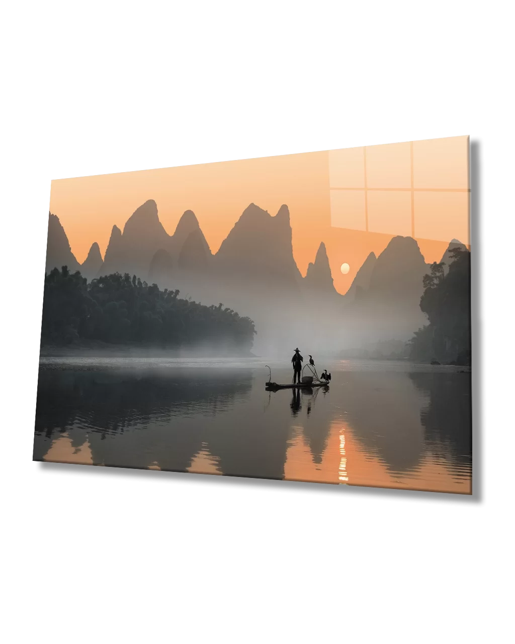 Lake Boat Man Sunset Glass Painting