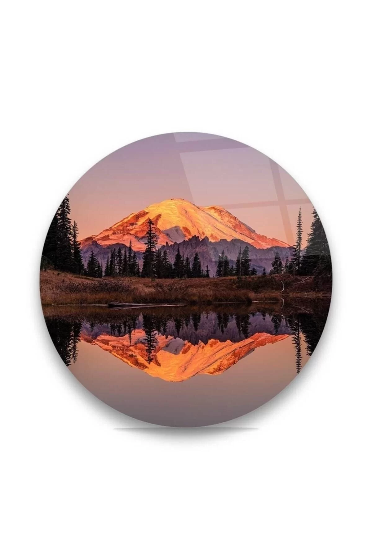 Lake And Mountain View Round Glass Painting