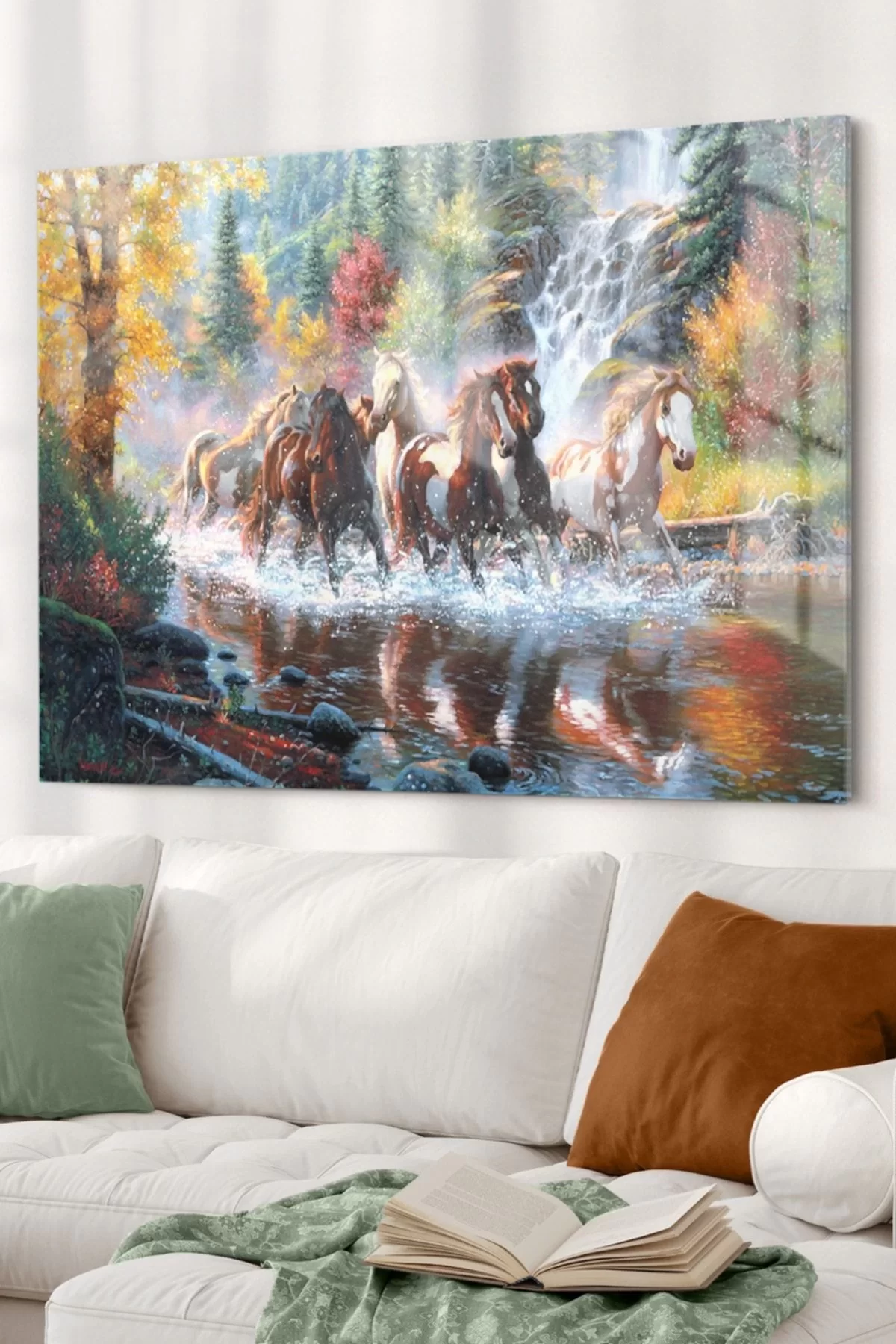 Lake And Running Horses | Animals Themed Glass Painting | 50x70cm