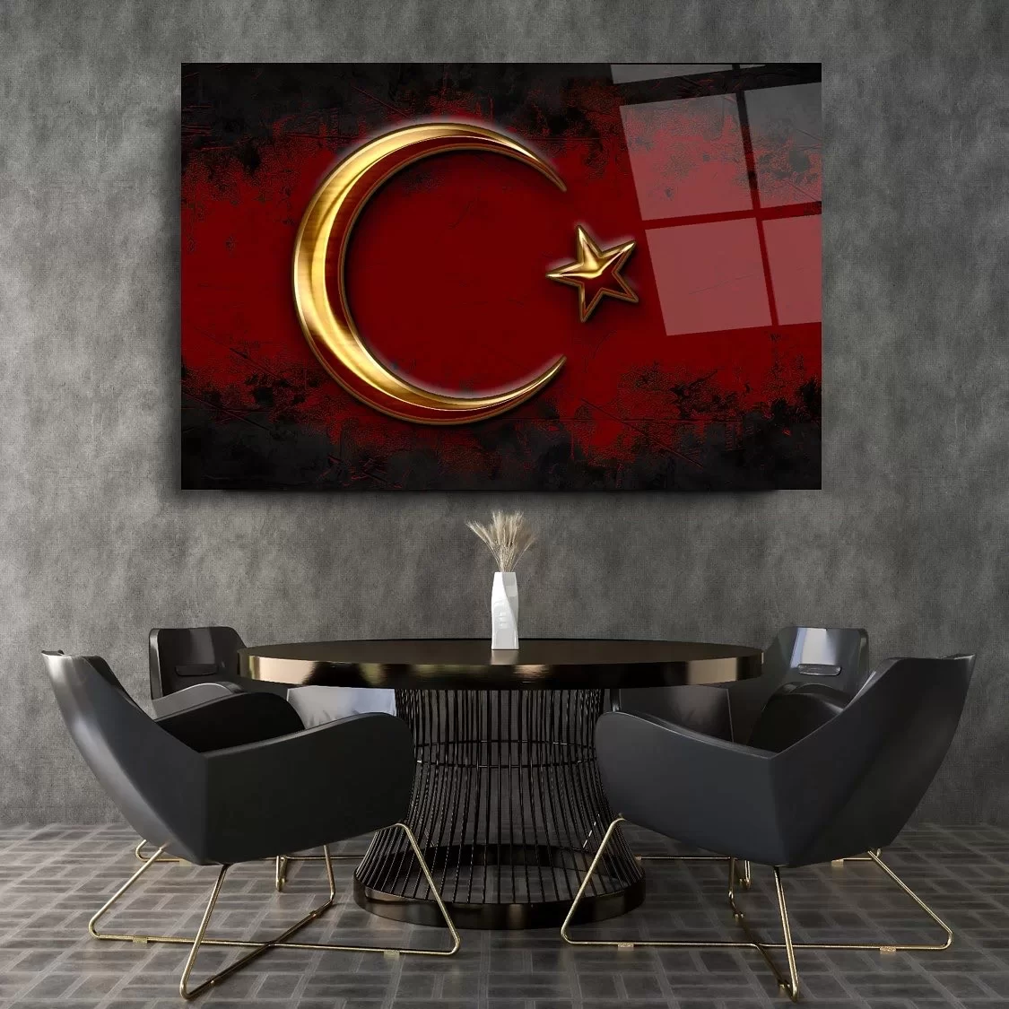 Gold Star and Crescent Themed Artistic Turkish Flag Glass Painting