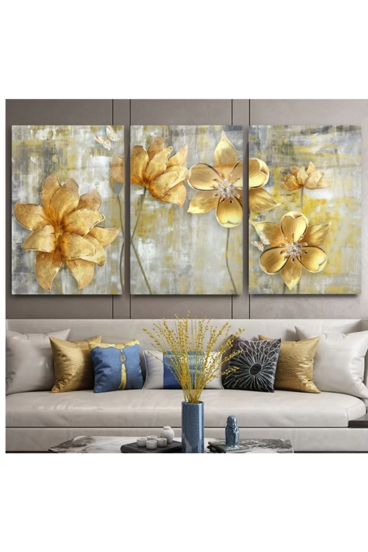 Gold Flowers Triple Glass Table