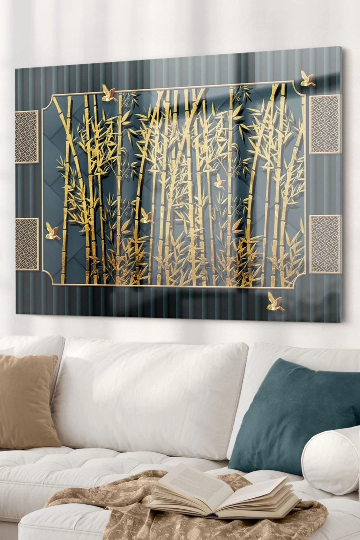 Gold Detailed Tree Branches And Bird | Nature Themed Glass Painting | 50x70cm