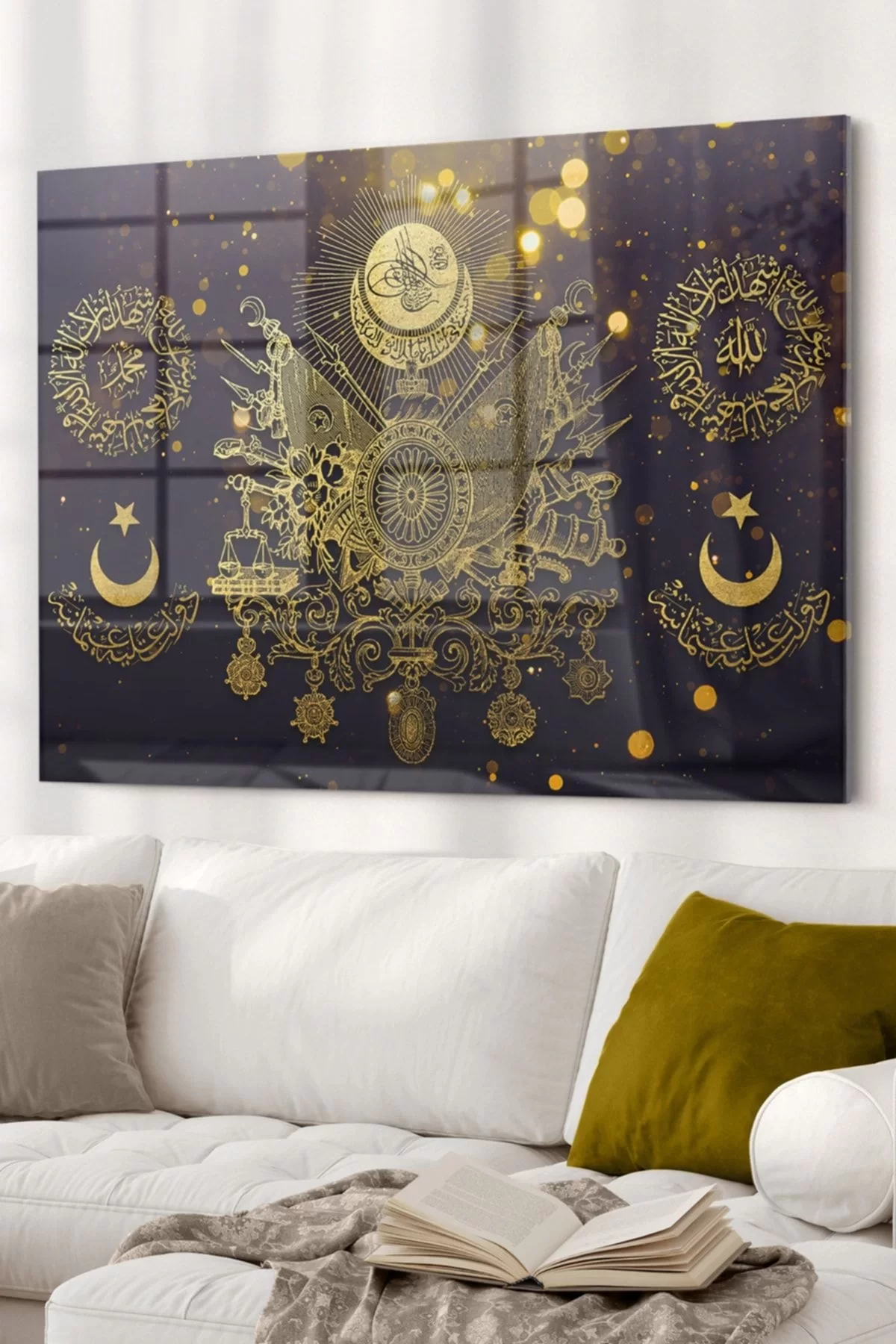 Gold Detailed Ottoman Tughra Allah Muhammed | Ottoman Themed Glass Painting | 50x70cm