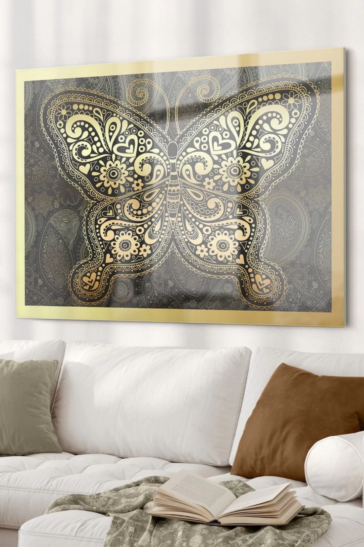 Gold Embroidered Butterfly | Animal Themed Glass Painting | 50x70cm