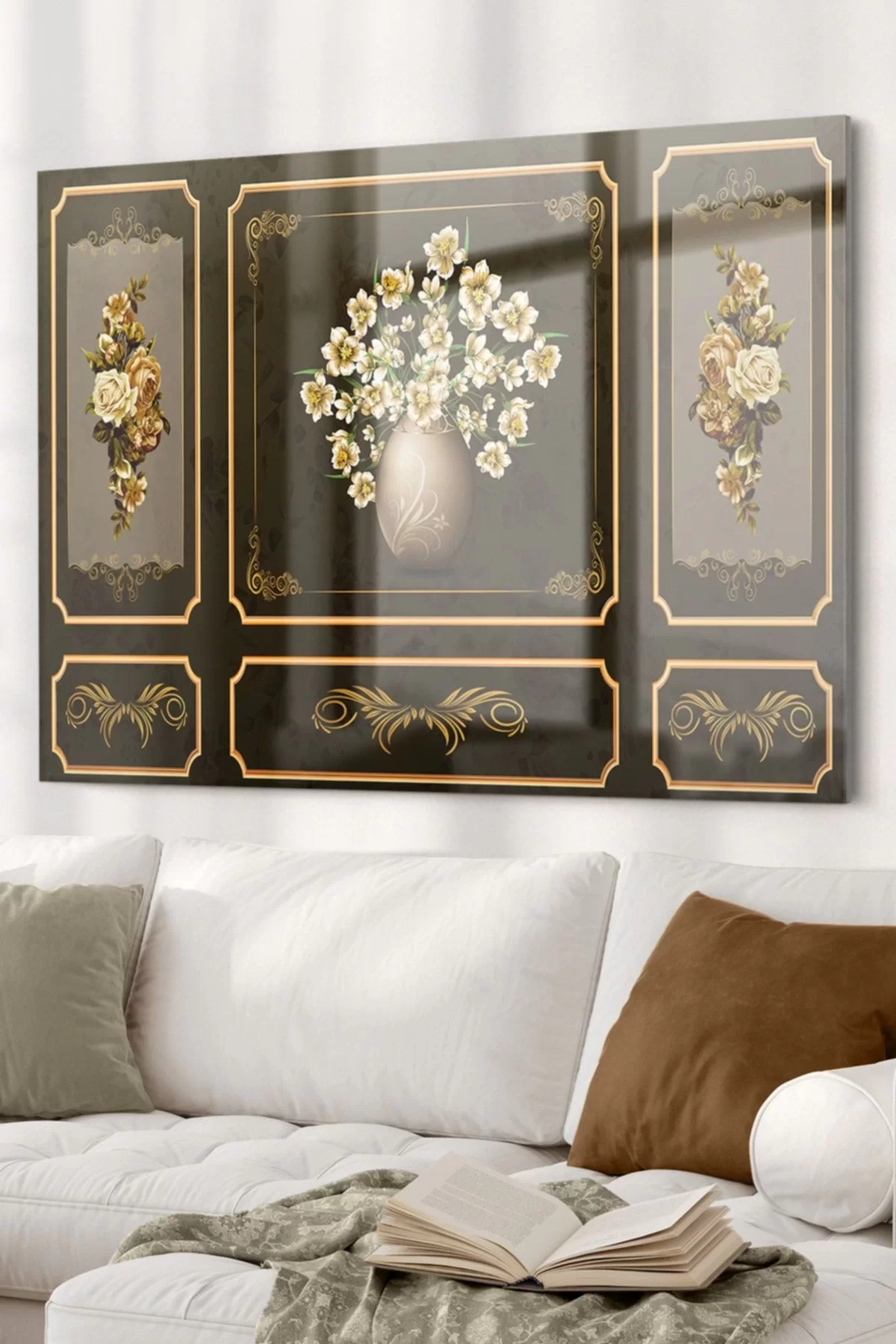 Gold Embroidered Vintage Flower | Flower Themed Glass Table | 50x70cm