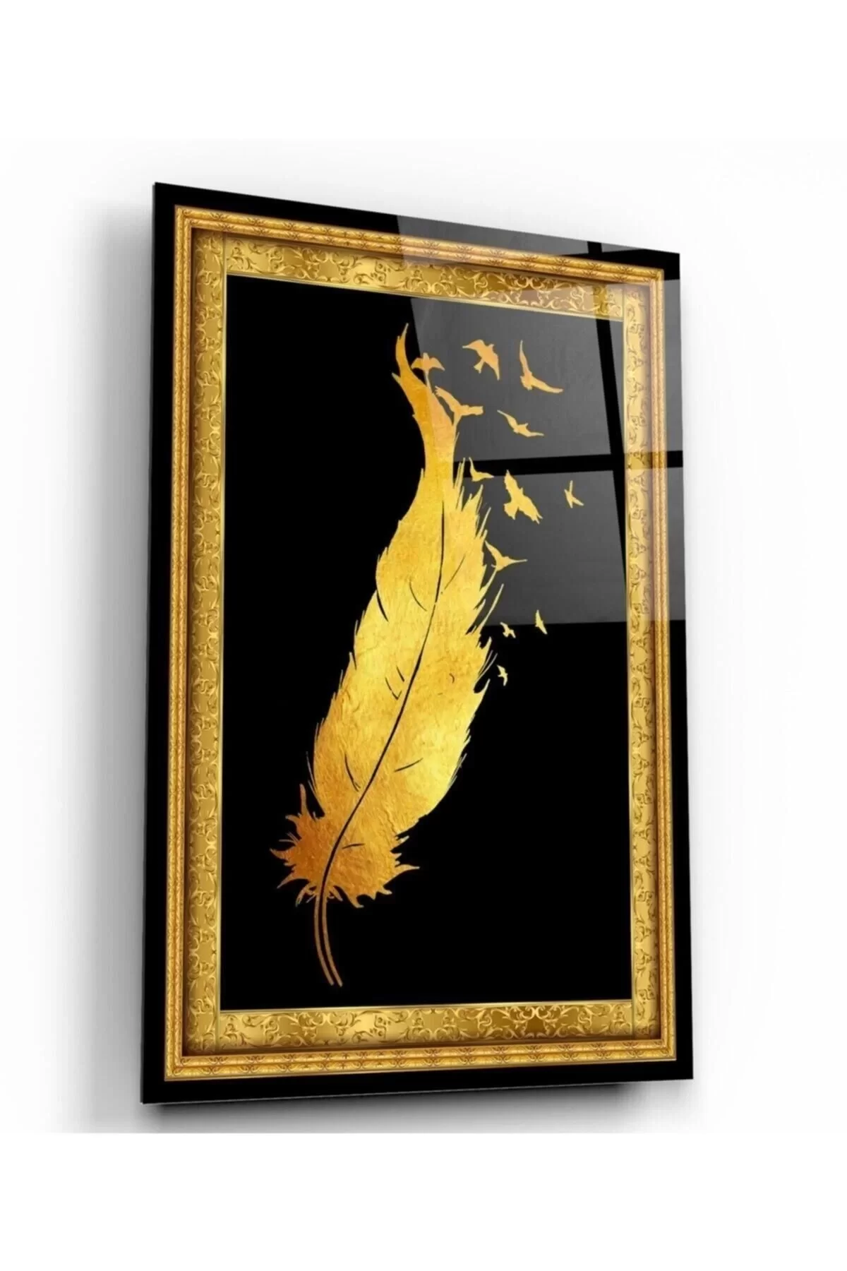 Gold Feather and Birds Glass Painting