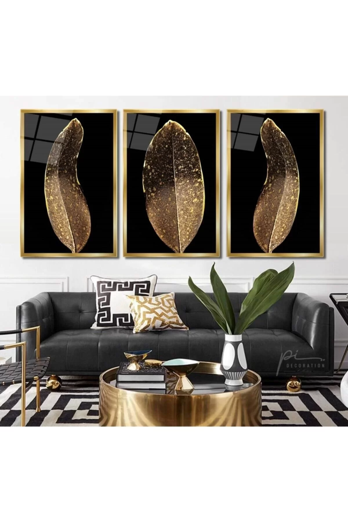 Gold Feathers Triple Glass Painting