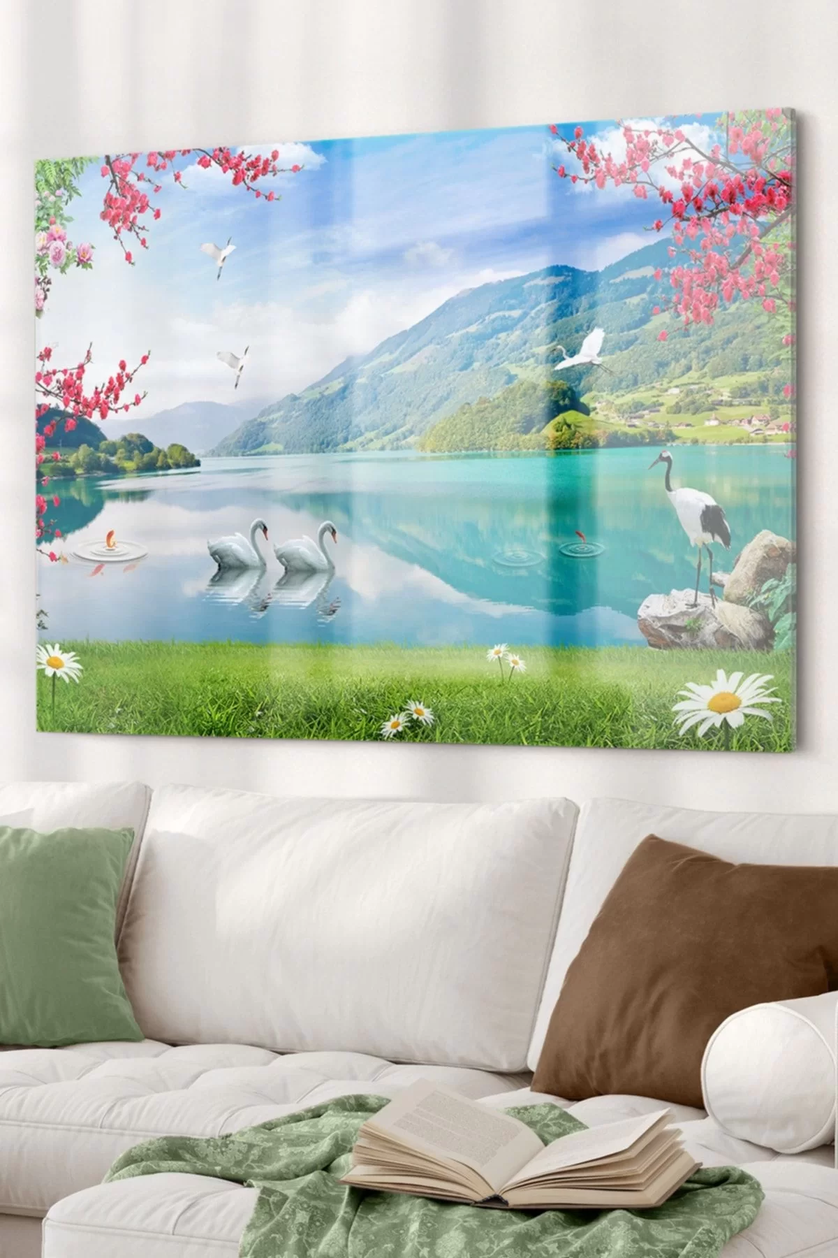 Swans Swimming in the Lake | Animal Themed Glass Painting | 50x70cm