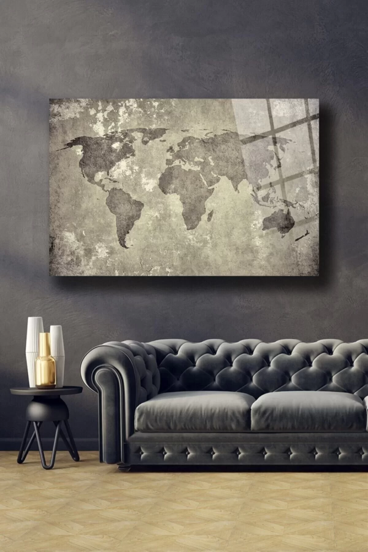 Gray World Map Glass Painting Wall Decoration