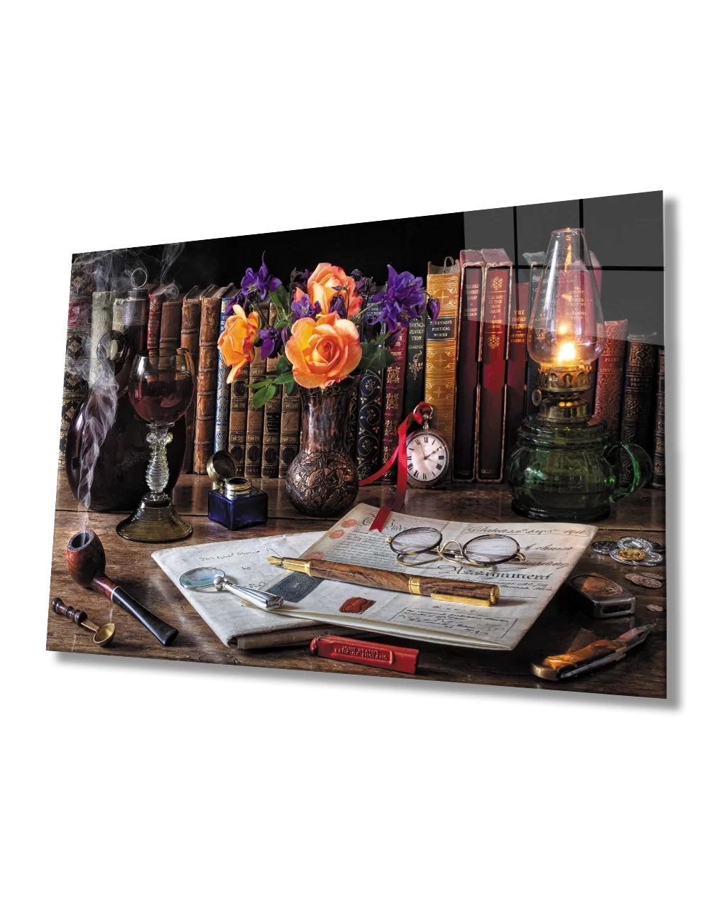 Rose Book Study Desk Glass Painting