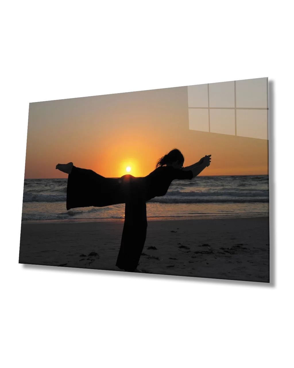 Sunset Seascape Woman Doing Yoga on the Beach