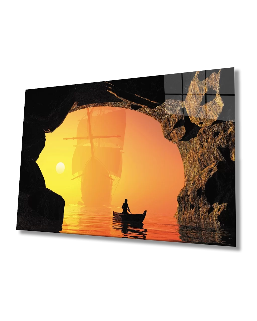 Sunset Boat Rock View Glass Painting