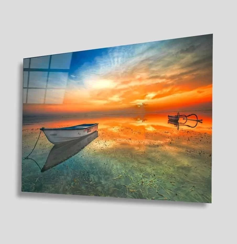 Sunset Landscape Boat Glass Painting