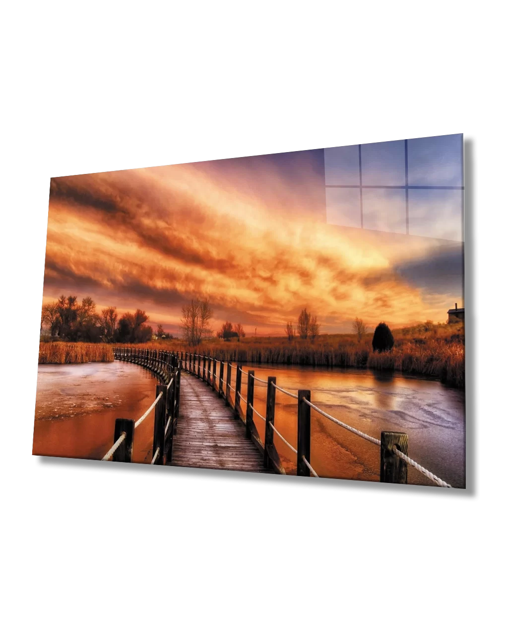 Sunset Landscape Wooden Bridge Glass Painting