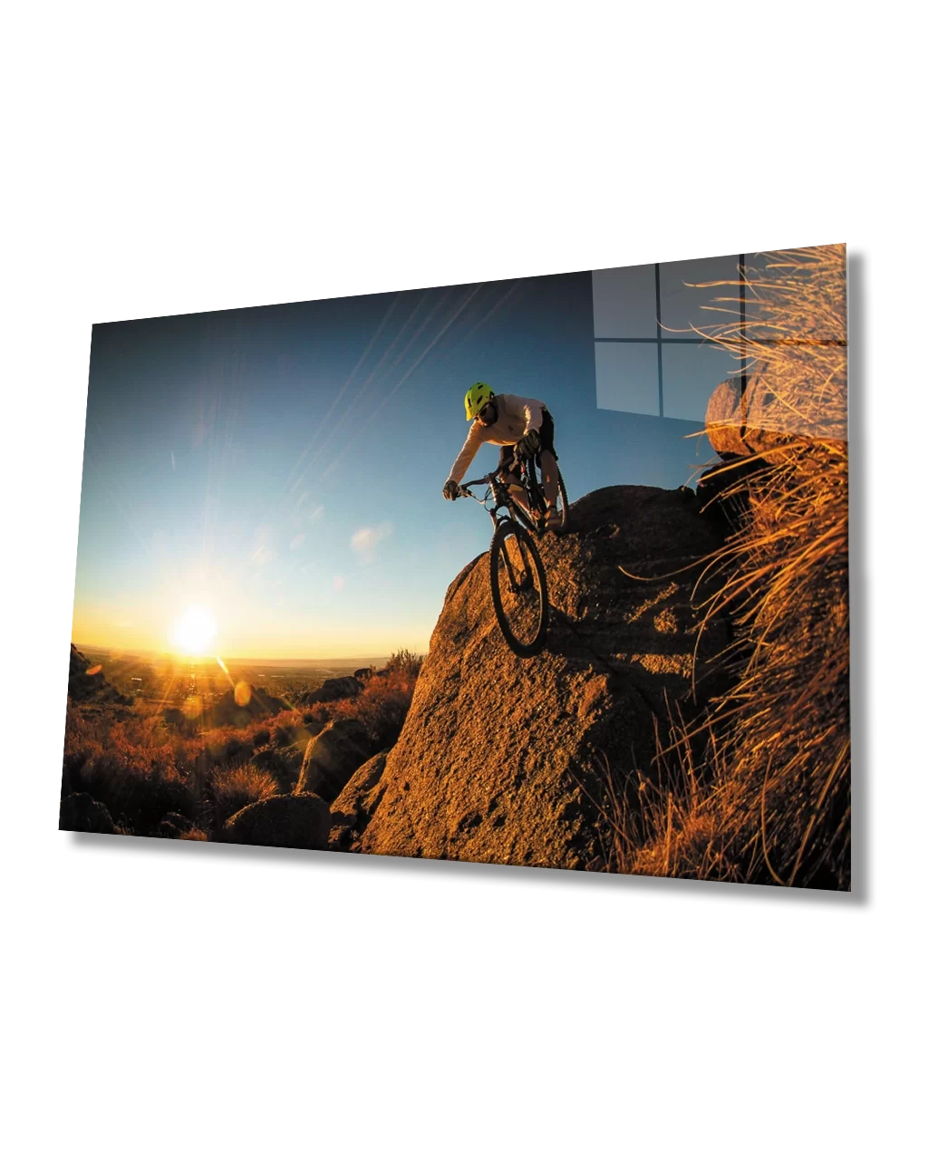 Glass Painting of Cyclist Athlete in Sunset Landscape