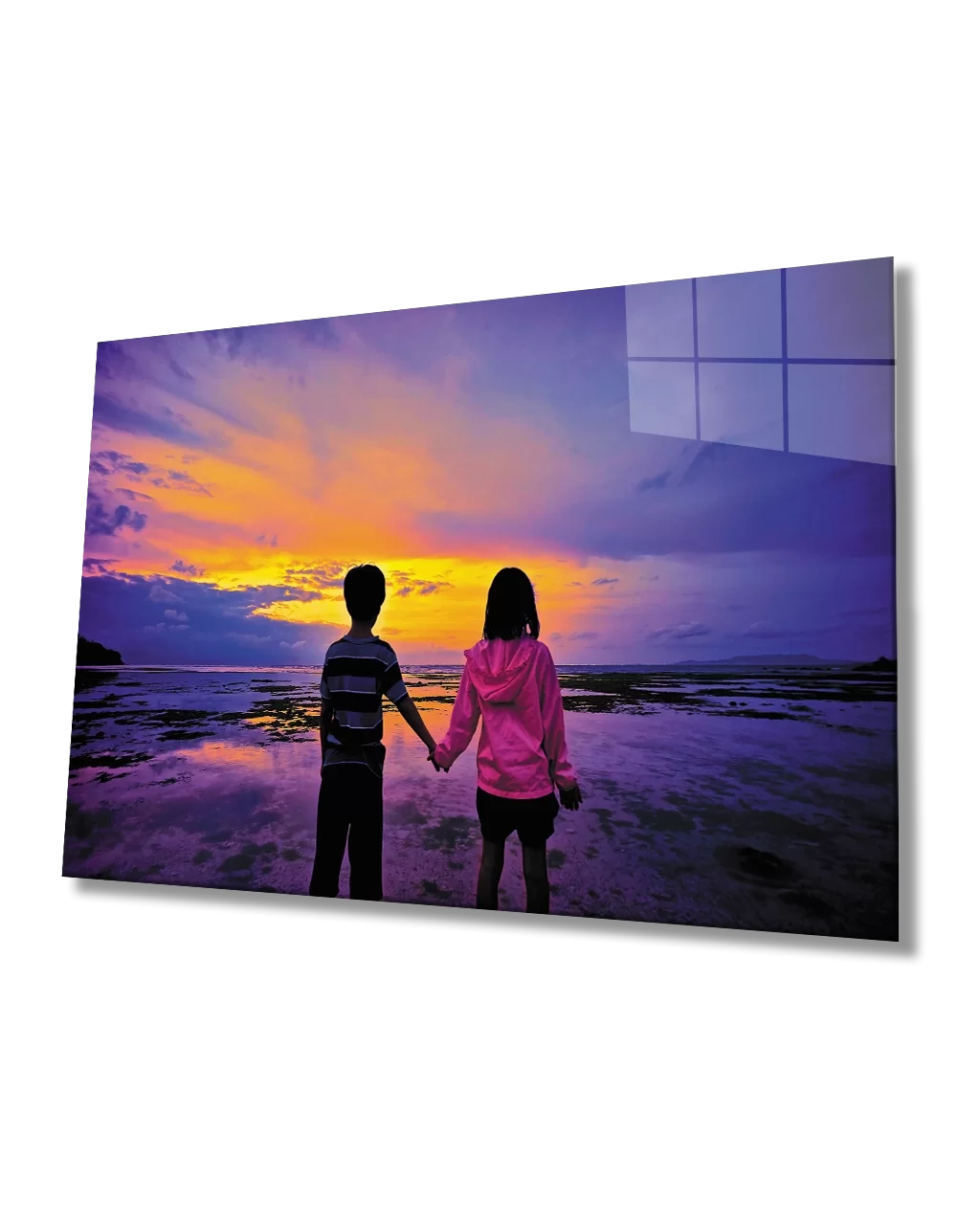 Glass Painting of Children in Sunset Landscape