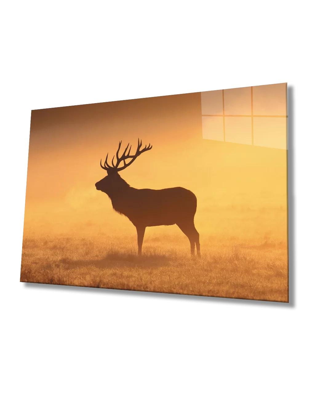 Glass Painting of Deer in Sunset Landscape