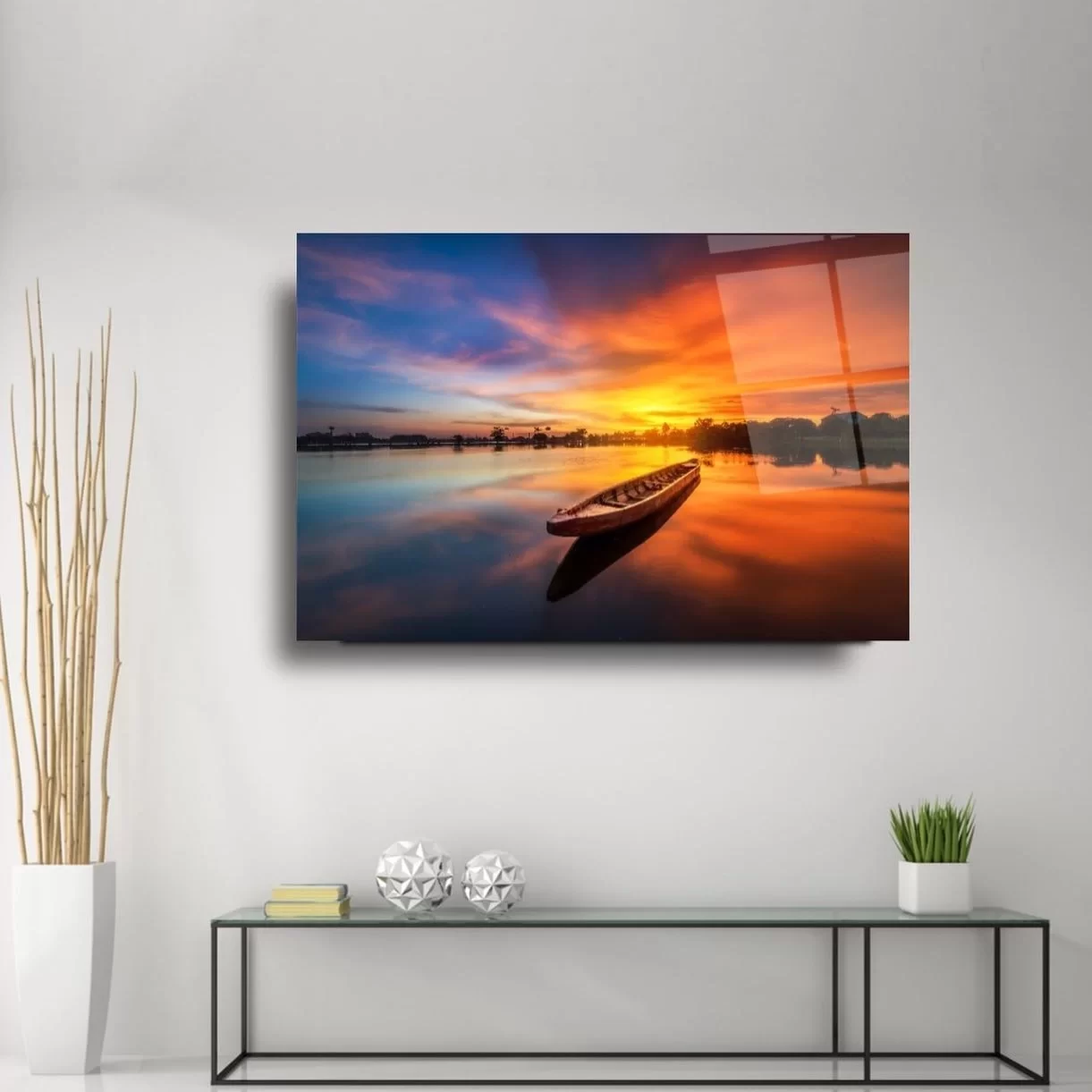 Sunset Boat Sea Landscape Artistic Glass Painting