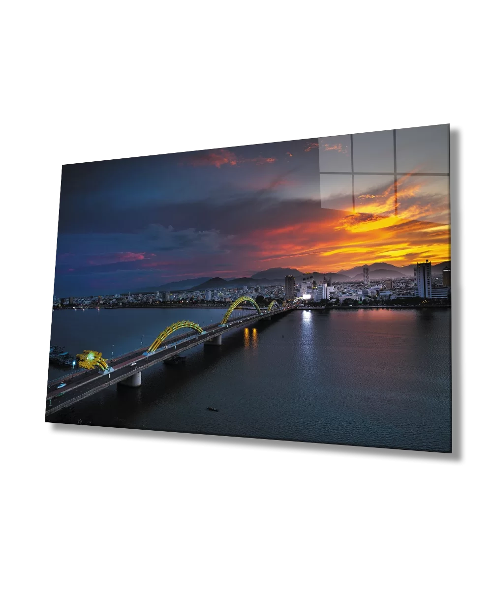 Sunset City Bridge Landscape Glass Painting