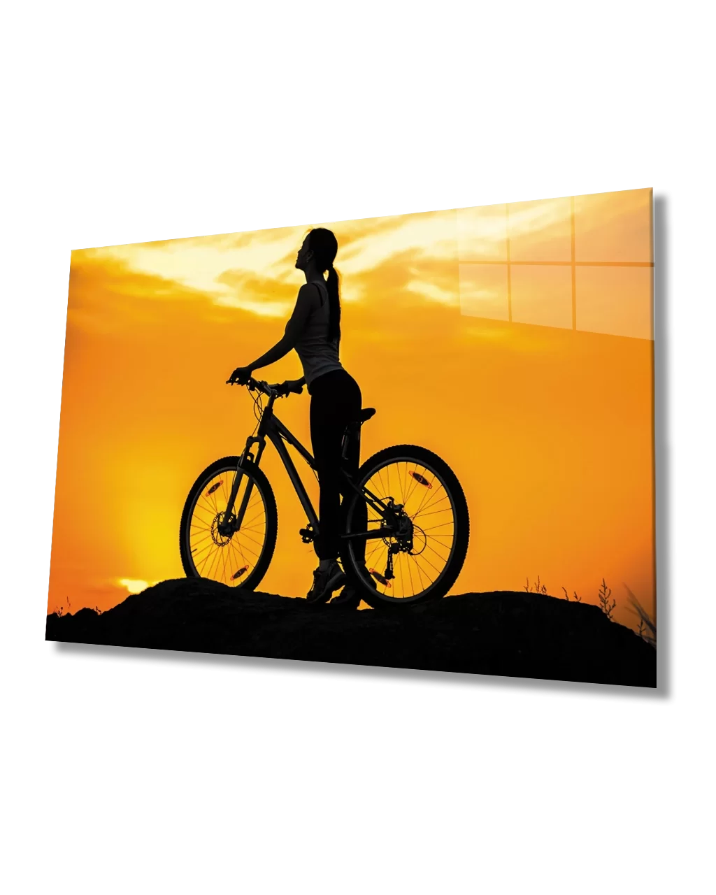 Woman on a Bicycle at Sunset Glass Painting