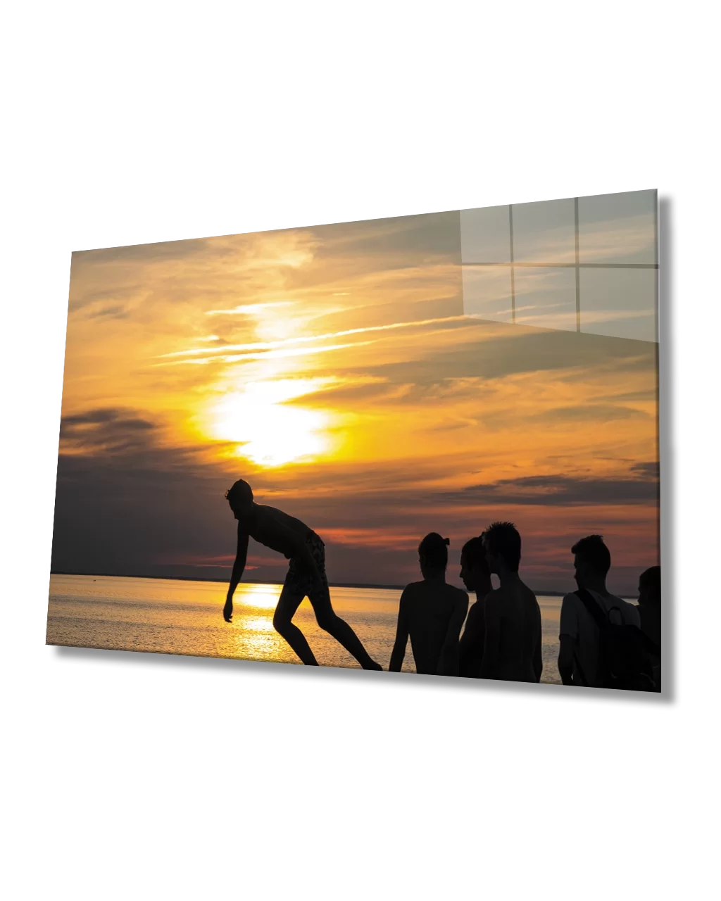 Glass Painting of People Swimming in the Sea at Sunset