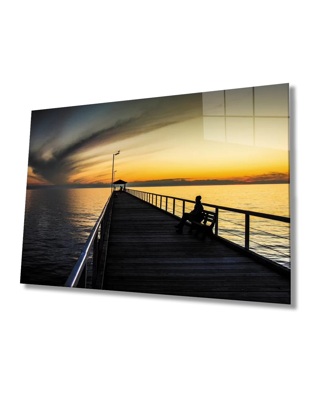 Glass Painting of Woman Sitting on the Pier at Sunset