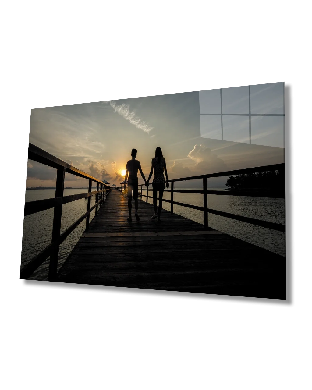 Glass Painting of Lovers Walking on the Pier at Sunset
