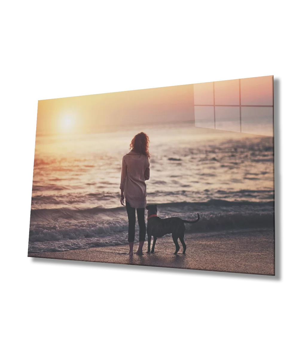 Woman and Dog at Sunset Glass Painting