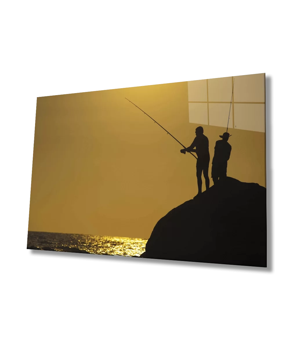 Glass Painting of Friends Fishing at Sunset