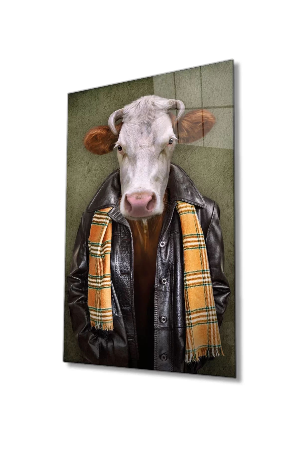 Cow Animal Portrait with Human Body Glass Painting, Home And Office Wall Decor, Large Glass Painting