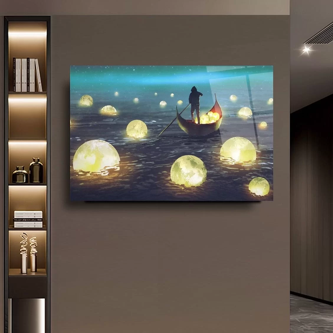 Lights Boat and Sea Artistic Glass Painting