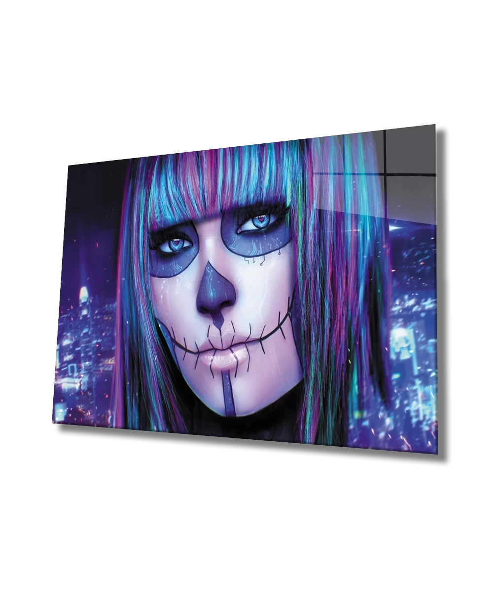 Skull Face Woman with Red Blue Hair Glass Painting