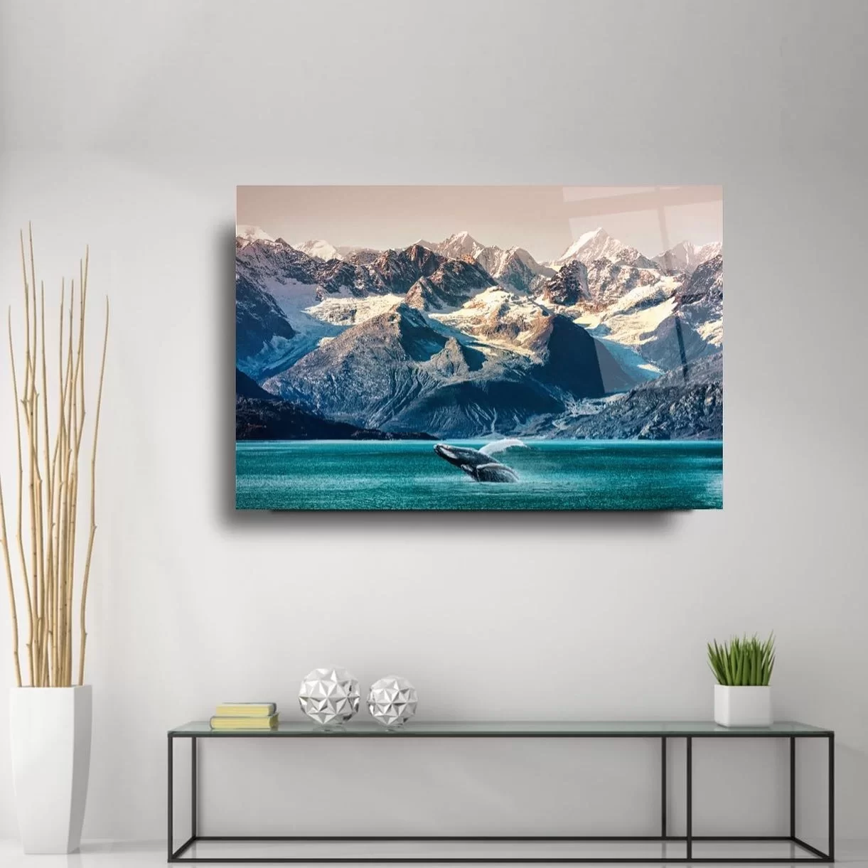 Dolphin Swimming in Snowy Mountains Ocean View Artistic Glass Painting