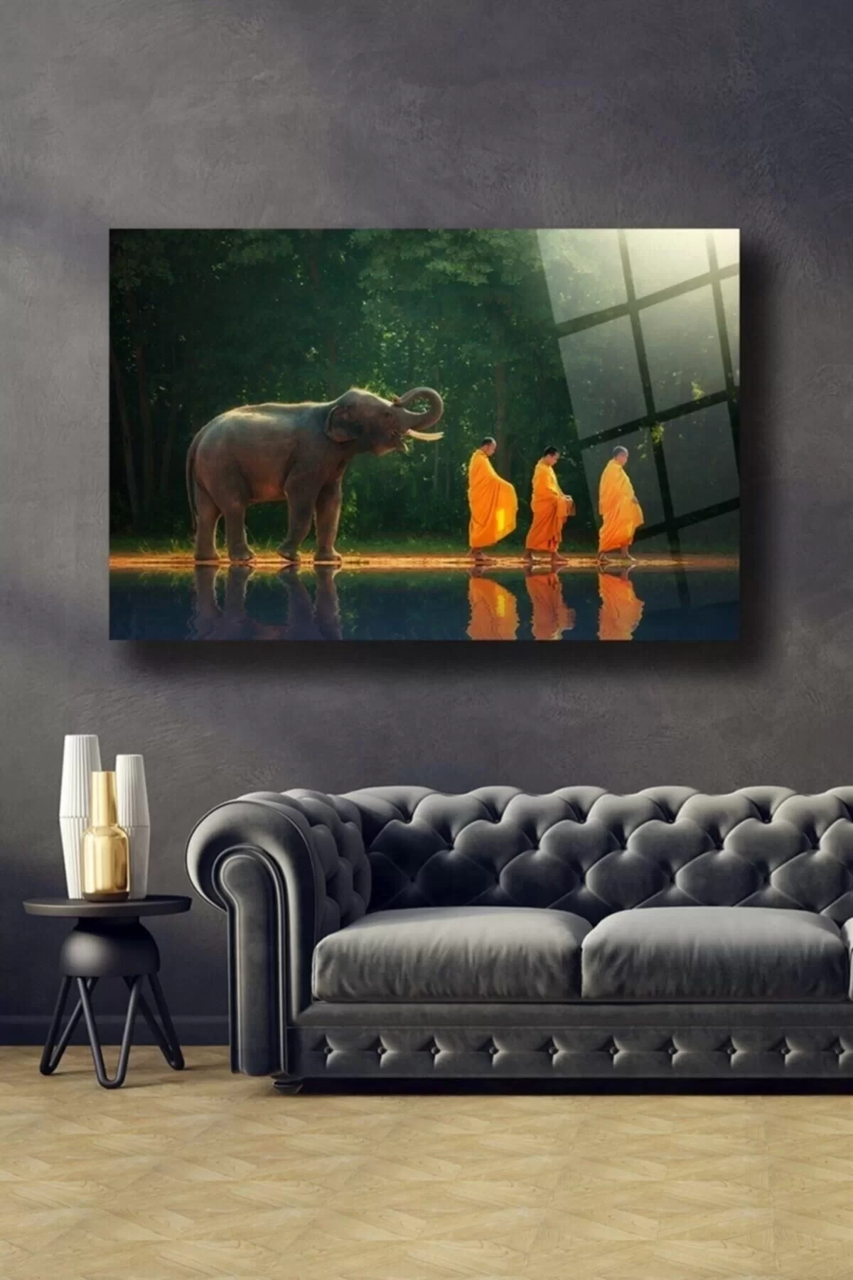 Monks And Elephant Glass Painting Wall Decoration