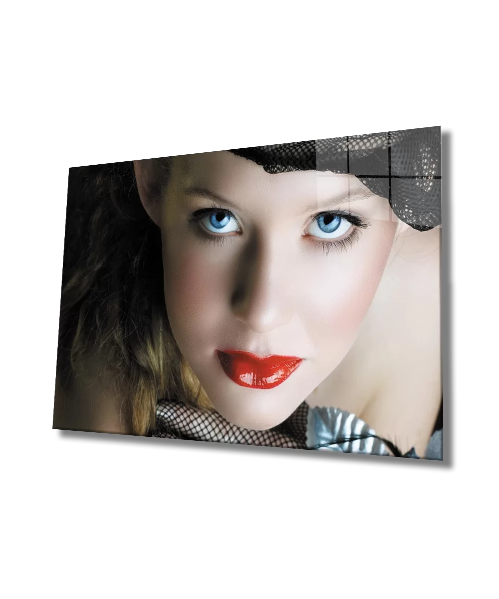 Blue Eyed Woman with Red Lipstick Glass Painting