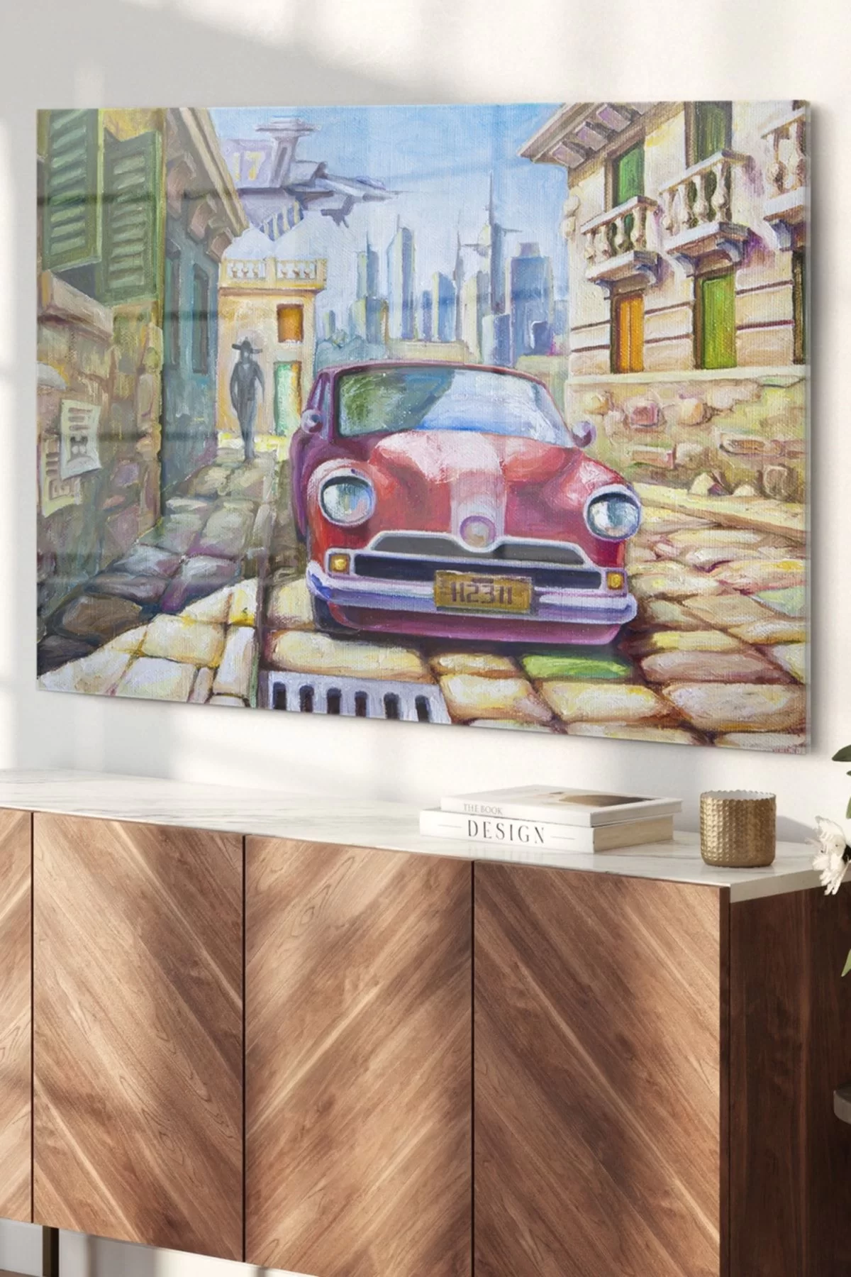 Red Vintage Car | Car Themed Glass Painting | 50x70cm