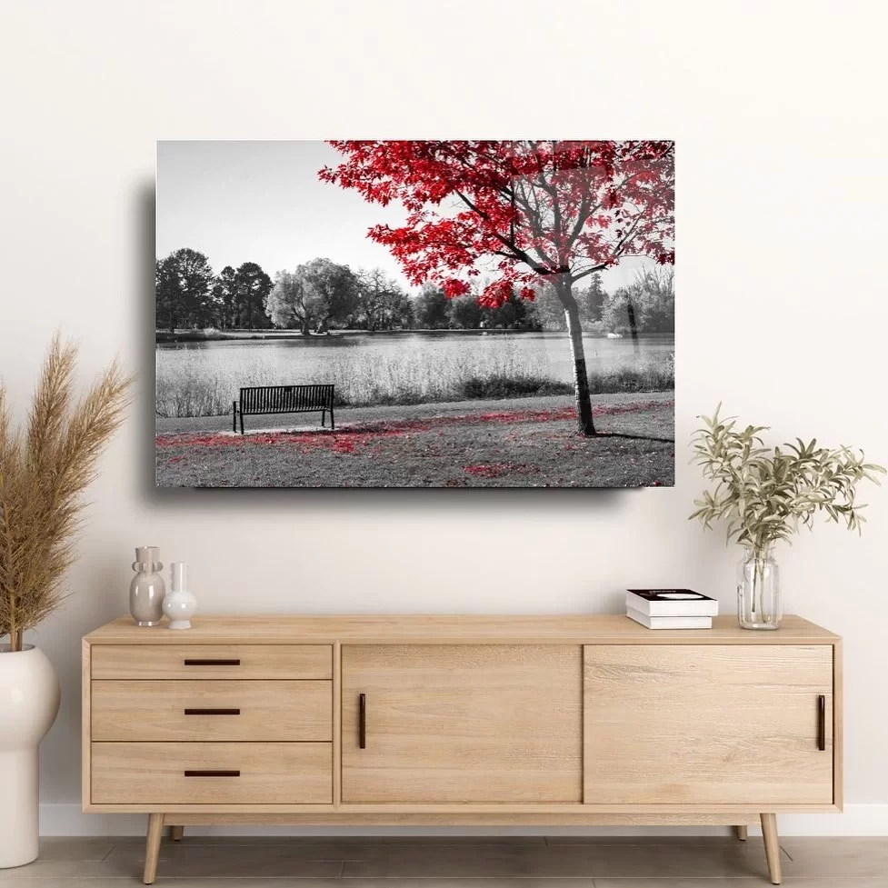 Red Leaf Landscape and Bench Artistic Glass Painting