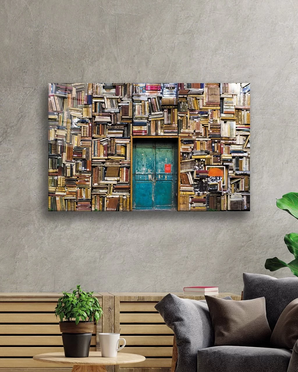 Book Walls and Blue Door Glass Painting