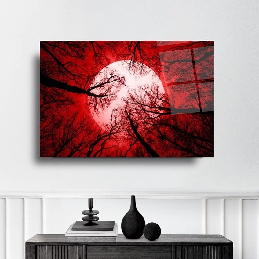 Red Sky, Dry Trees and Moon Artistic Glass Painting