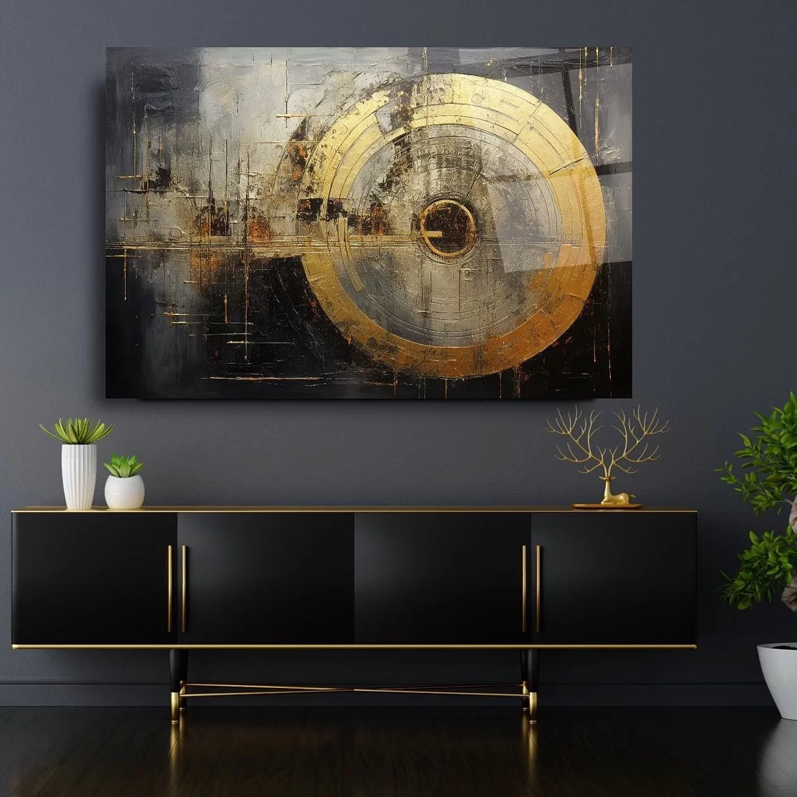 Artistic Glass Painting with Gold Circle Pattern on Dark Background