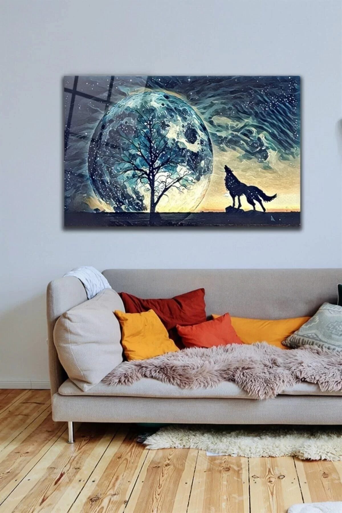 Wolf And Full Moon Glass Painting Wall Decoration